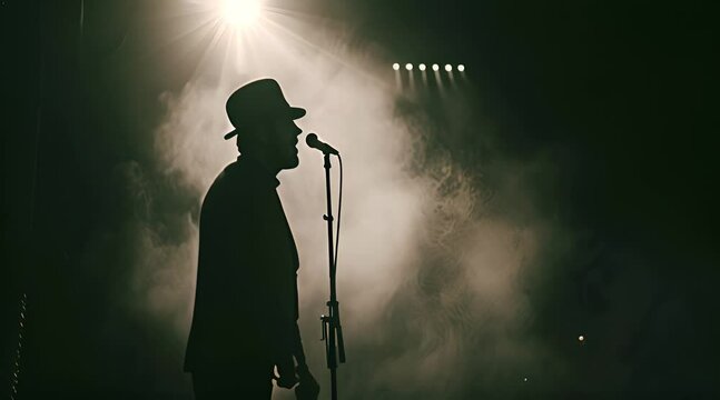 A man in hat singing on the dark stage in the backlight with fogg 