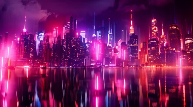 Animated footage of a sparkling and vivid cyberpunk futuristic metropolis 