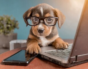 Hund am Laptop  - obrazy, fototapety, plakaty