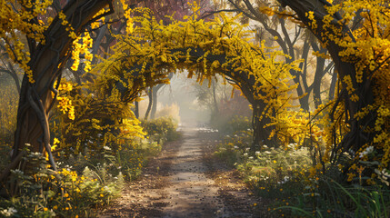 Forsythia arch in full bloom during the spring season. 