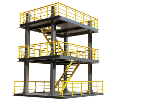 Multi-tiered mezzanine with stairs. Temporary industrial structure for warehouse. Mezzanine for storage space. Temporary metal structure for factory. Industrial mezzanine isolated on white. 3d image