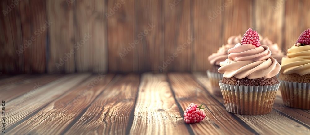 Poster three delicious cupcakes with fluffy frosting and fresh raspberries are displayed on a rustic wooden