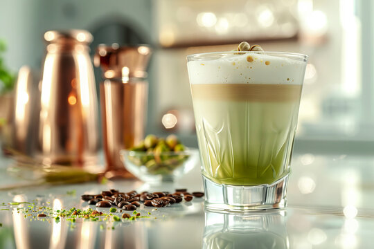 Close-up of a delicious layered pistachio latte with scattered coffee beans and pistachios on a reflective surface