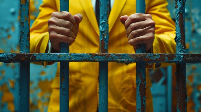 Сlose-up of a prisoner's hands holding onto jail bars, wearing a striking yellow business suit