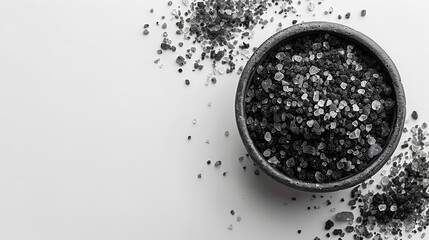Black Hawaiian sea salt in a small porcelain bowl with a top view and a big space for text or product in clean white surface, Generative AI.