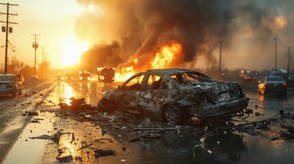 A highway crash leads to flaming cars. Burned and scattered vehicles in the aftermath.