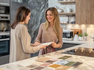 Female sales consultant advises client with kitchen choices