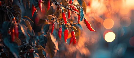 A cluster of bright red peppers dangles from a tree, showcasing the beauty of natures harvest. The peppers are ripe and ready to be picked. - Powered by Adobe