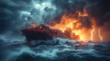 Experience the intensity of a striking image capturing a colossal cargo vessel navigating through a relentless open ocean storm, waves colliding with the ship's hull. - obrazy, fototapety, plakaty