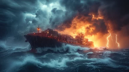 Foto op Canvas Experience the intensity of a striking image capturing a colossal cargo vessel navigating through a relentless open ocean storm, waves colliding with the ship's hull. © Dmitry