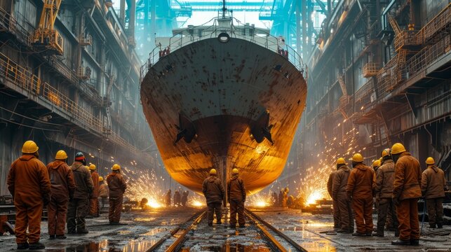 A bustling industrial shipyard where workers are seen conducting a thorough inspection and repair on a large cargo vessel.