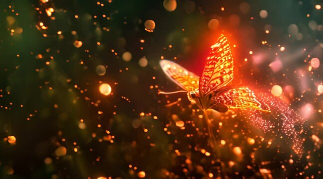 Fiery butterfly flies in the shining and flickering the mica dust 
