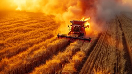 A combine harvester triggers a fire in a wheat field during harvest, leading to an urgent situation across vast agricultural terrain. - obrazy, fototapety, plakaty
