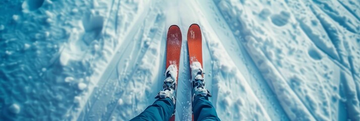 Top view of red skis on snowy slope, winter sports and activities concept. - obrazy, fototapety, plakaty