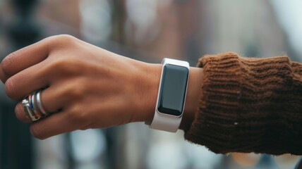 Woman's wrist wearing a smartwatch with a blank screen, fashionable rings, and a brown sweater. - obrazy, fototapety, plakaty