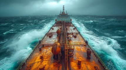 An oil tanker filled with petroleum products docked in a bay, with the expansive ocean visible behind. Conceptualizing industrial maritime transport - obrazy, fototapety, plakaty