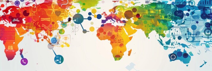 Colorful world map with social media and communication icons, representing global connectivity and networks. - obrazy, fototapety, plakaty