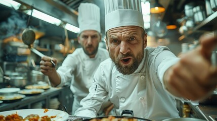 Two chefs express surprise and dissatisfaction when faced with an accusation regarding subpar service. They are outraged by the claim made against their work quality. - obrazy, fototapety, plakaty