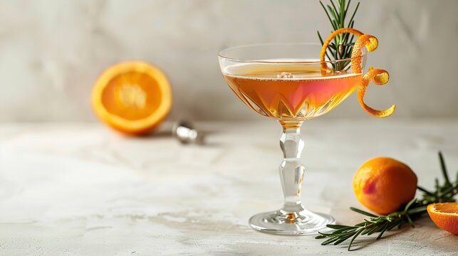 Elegant cocktail garnished with an orange peel in a clean white surface with piece of orange as a part of decoration, Generative AI.