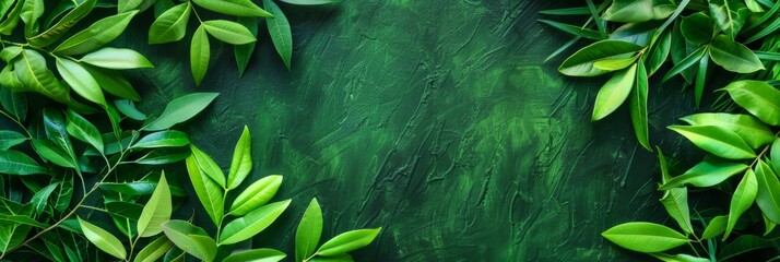 Fresh green leaves bordering the top and bottom of a dark, textured background with copy space in the center. - obrazy, fototapety, plakaty