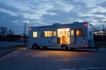 Food truck open at twilight with interior lights on against a dusky sky.