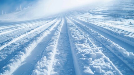 Freshly groomed ski tracks on a snowy landscape under a hazy blue sky.
