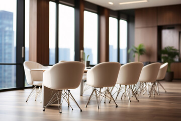 Modern conference room interior with wooden table and black chairs. Nobody inside. Generative AI