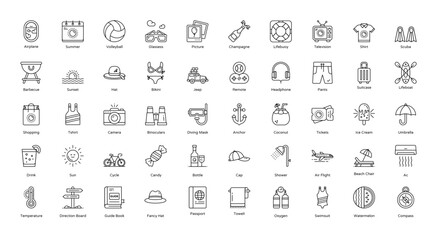 Summer Weather Outline Icons Beach Iconset 50 Vector Icons in Black