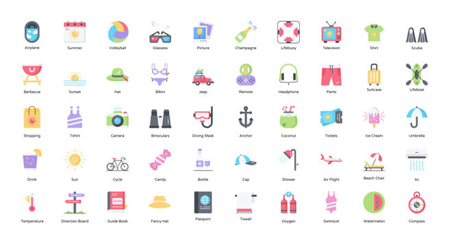 Summer Weather Flat Icons Beach Iconset 50 Vector Icons
