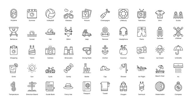 Summer Weather Outline Icons Beach Iconset 50 Vector Icons in Black
