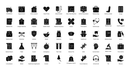 Clinic Glyph Icons Ambulance Healthcare Hospital Iconset 50 Vector Icons in Black