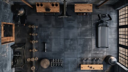 Modern kitchen interior with dark tones, top view, featuring a stove, sink, and wooden countertops.