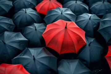 One red umbrella stands out among many black umbrellas. Concept of individuality and standing out.