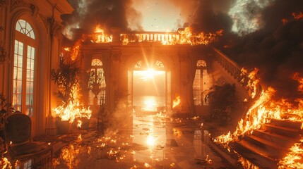 Within the house, flames dance and flicker, devouring luxurious belongings and exquisite interior design. The destructive force of the fire is inescapable, leaving a devastating aftermath in its wake