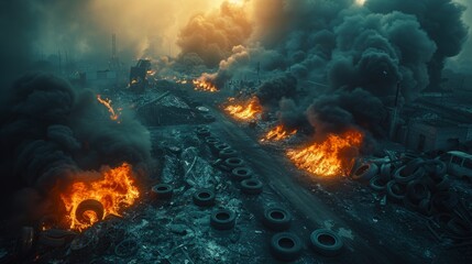 A significant fire at a car tire dump sends toxic smoke and flames into the atmosphere, dispersing burning rubber and harmful substances across the area. - obrazy, fototapety, plakaty