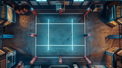 Top view of an Boxing Ring with neon lights and advanced technology ambiance.