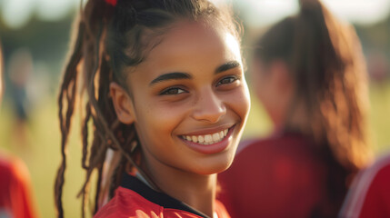 Confident Young Female Soccer Player Smiling on the Field at Sunset
