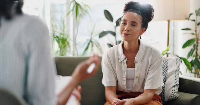 Counselling, help and woman on sofa talking to therapist, counsellor or guide for mental health, balance or wellness. Psychology, session and client consulting expert for stress or anxiety management
