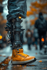 City stroll with technologically advanced prosthetic limb, highlighting the intersection of human and machine.