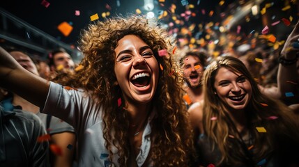 Portrait of happy young woman dancing with confetti in a nightclub