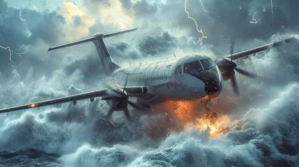 Experience the poignant moment when a commercial airplane spirals down into the stormy ocean during a tumultuous storm, unfolding the aftermath of an aviation calamity. - obrazy, fototapety, plakaty