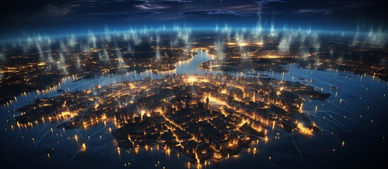 Futuristic technology background with world map and glowing lights. - obrazy, fototapety, plakaty