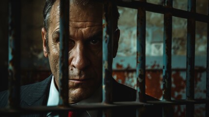 Businessman's face, etched with experience, is captured between the cold bars of a cell, his eyes burning with defiance - obrazy, fototapety, plakaty