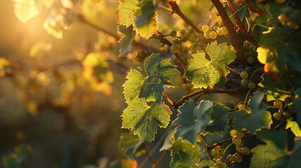grape vine leaves bathed in dappled sunlight.