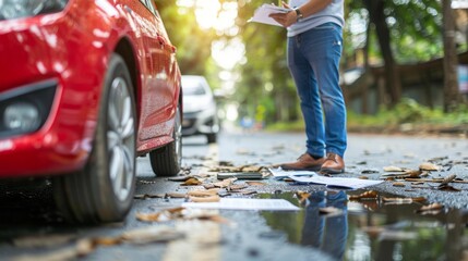 Classic red toy car on a city map, small toy car positioned on a vibrant with a blurred urban backdrop symbolizing travel and insurance concepts.