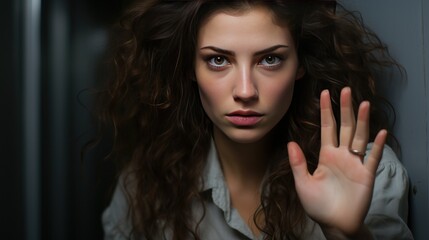 Portrait of a beautiful young woman on a dark background. Girl shows stop gesture