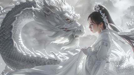 White Goddess with Dragon Fantasy Digital Artwork Concept Art image HD Print ar16:9. Neo Modern Art...