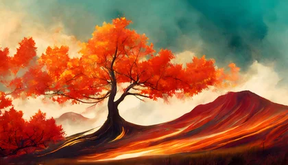 Fotobehang Abstract Firer and hot weather minimalist orange-red tree landscape  long exposure on digital art concept. © Watercolor_Concept