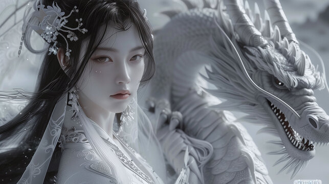 White Goddess with Dragon Fantasy Digital Artwork Concept Art image HD Print ar16:9. Neo Modern Art V3 13