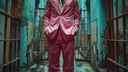 Man wearing a wrinkled pink suit stands with hands in pockets in a decaying prison